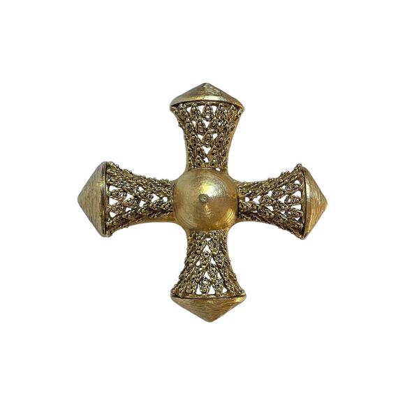 1980s Bold Textured & Brushed Gold Tone Plate Maltese Cross Oversized Pin Brooch - Picture 4 of 4